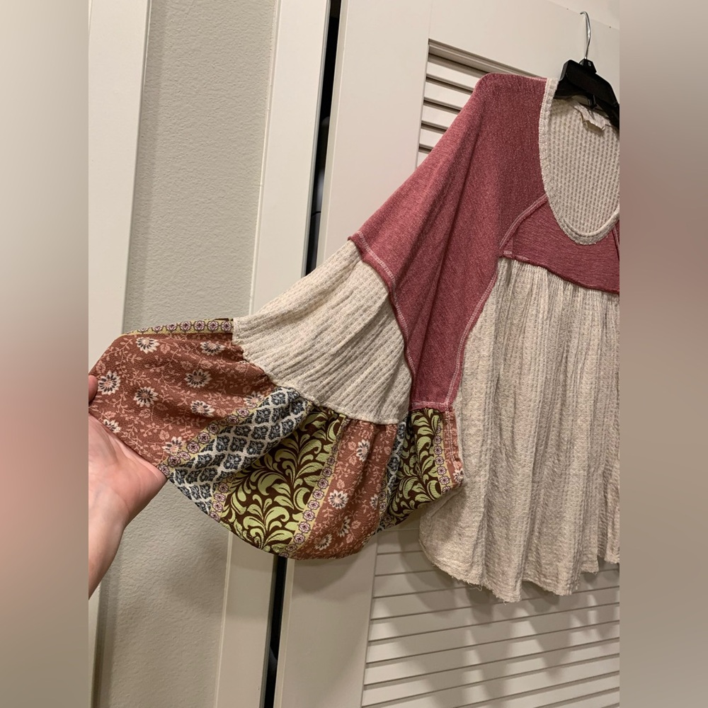 Altar’d State Waffle Knit Patchwork Boho Blouse - image 3